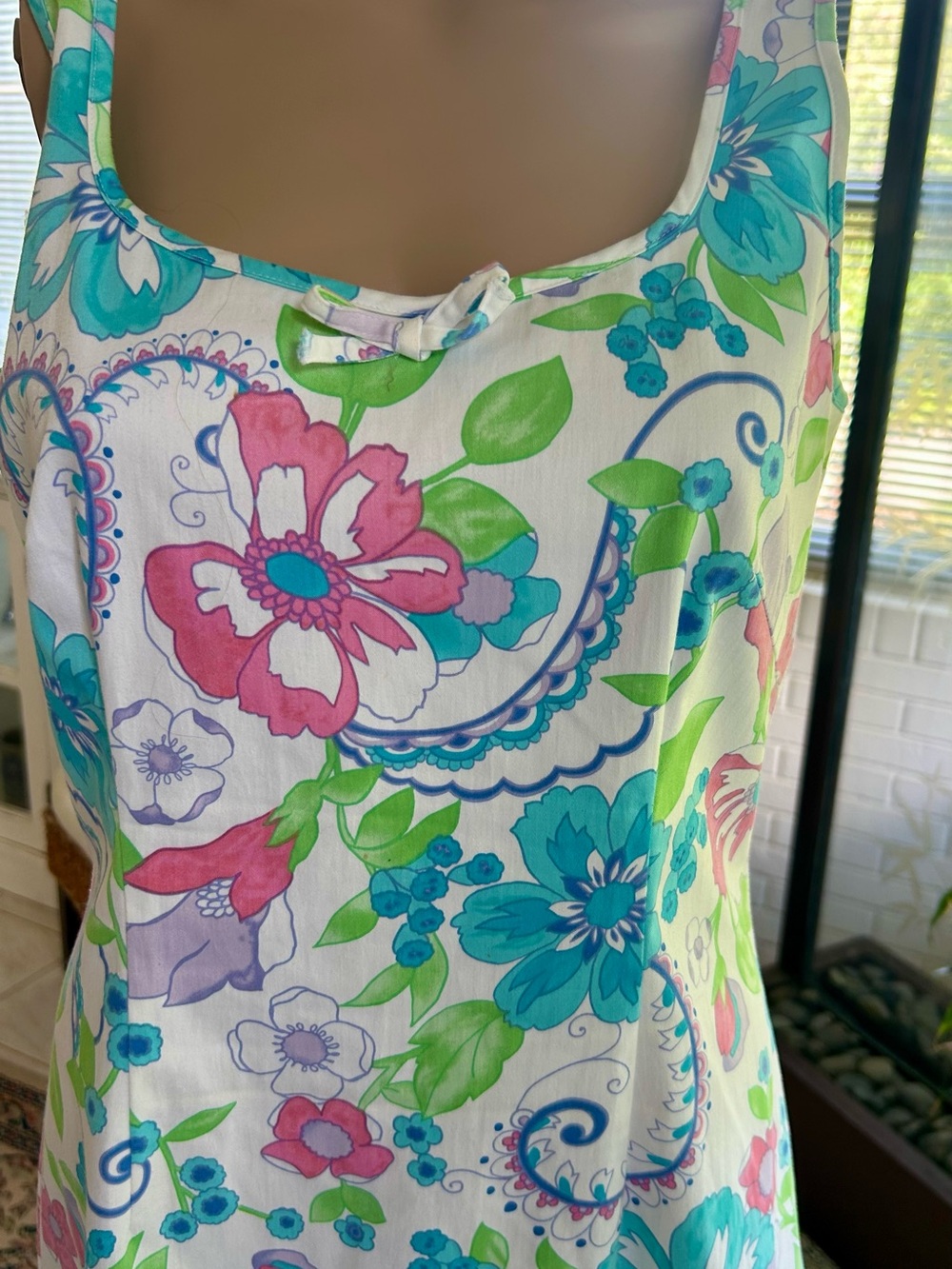Sigrid Olsen White Floral Scoop Neck Dress with Pink, Teal & Green